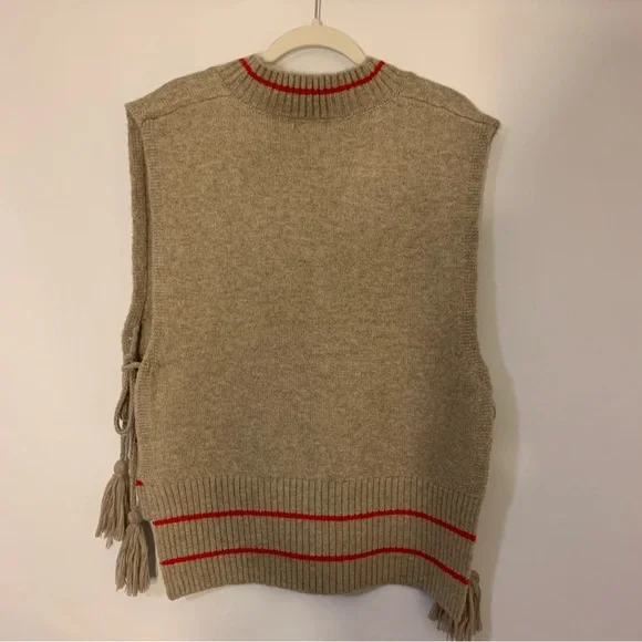 Free People Tan and Red V-Neck Sweater Vest with Side-Ties • O/S - Picture 2 of 5